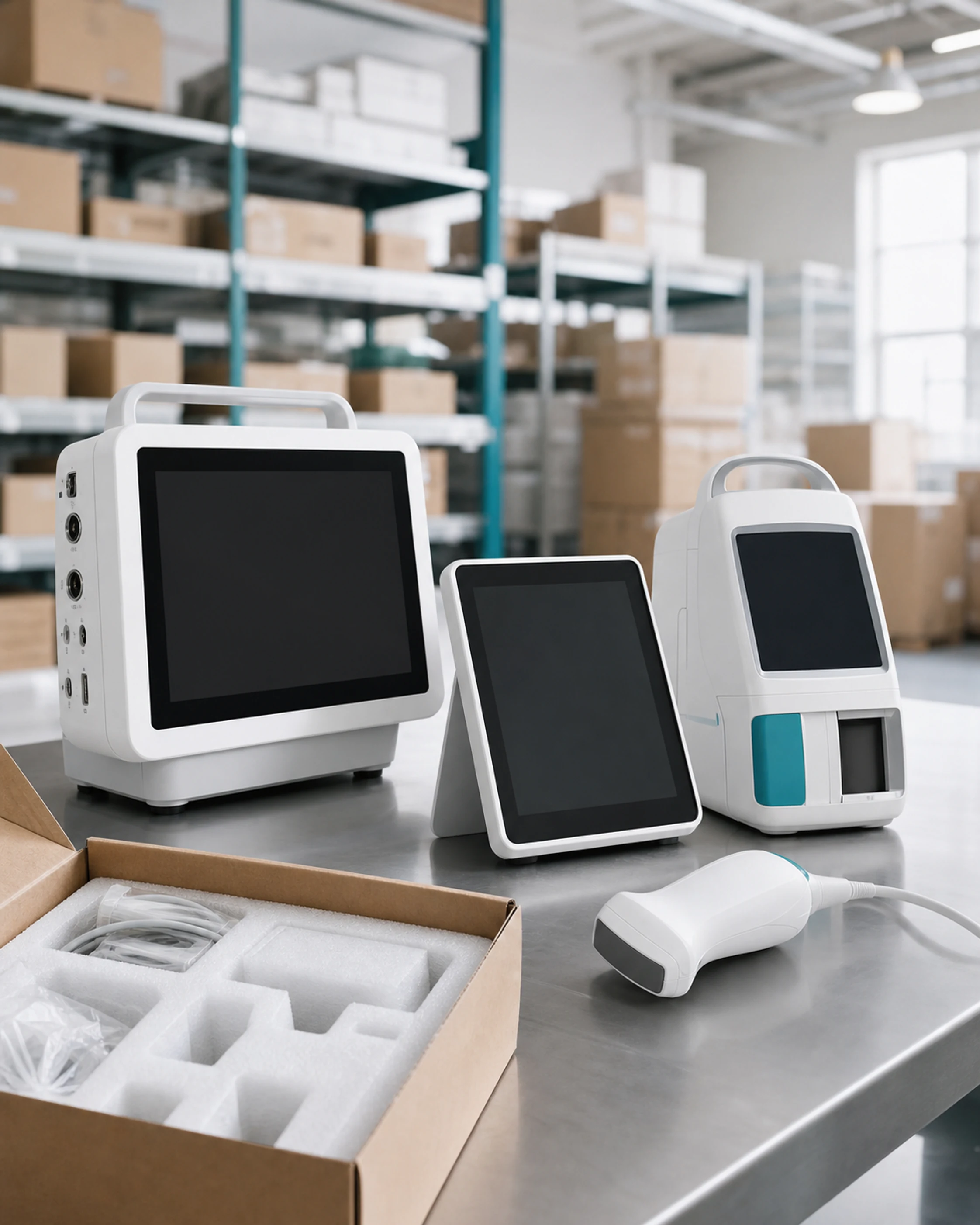 Veterinary monitors and diagnostic equipment being unboxed in the Nabuk warehouse in Malta