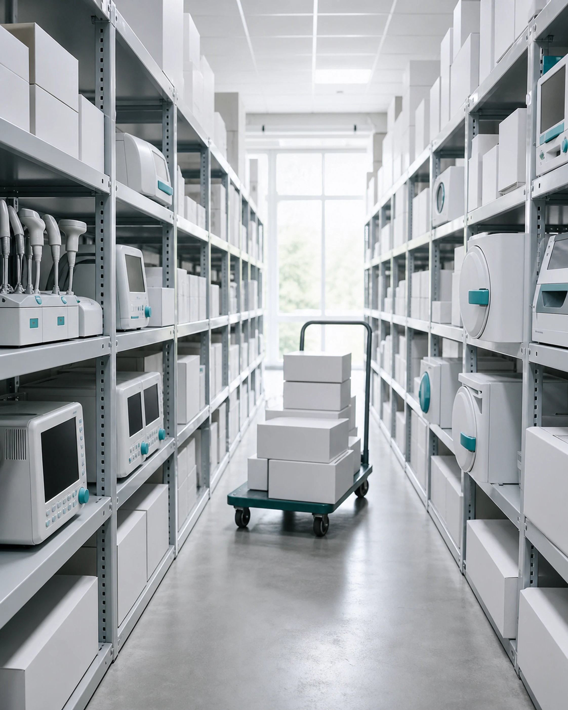 Shelves of veterinary equipment in the Nabuk warehouse in Malta